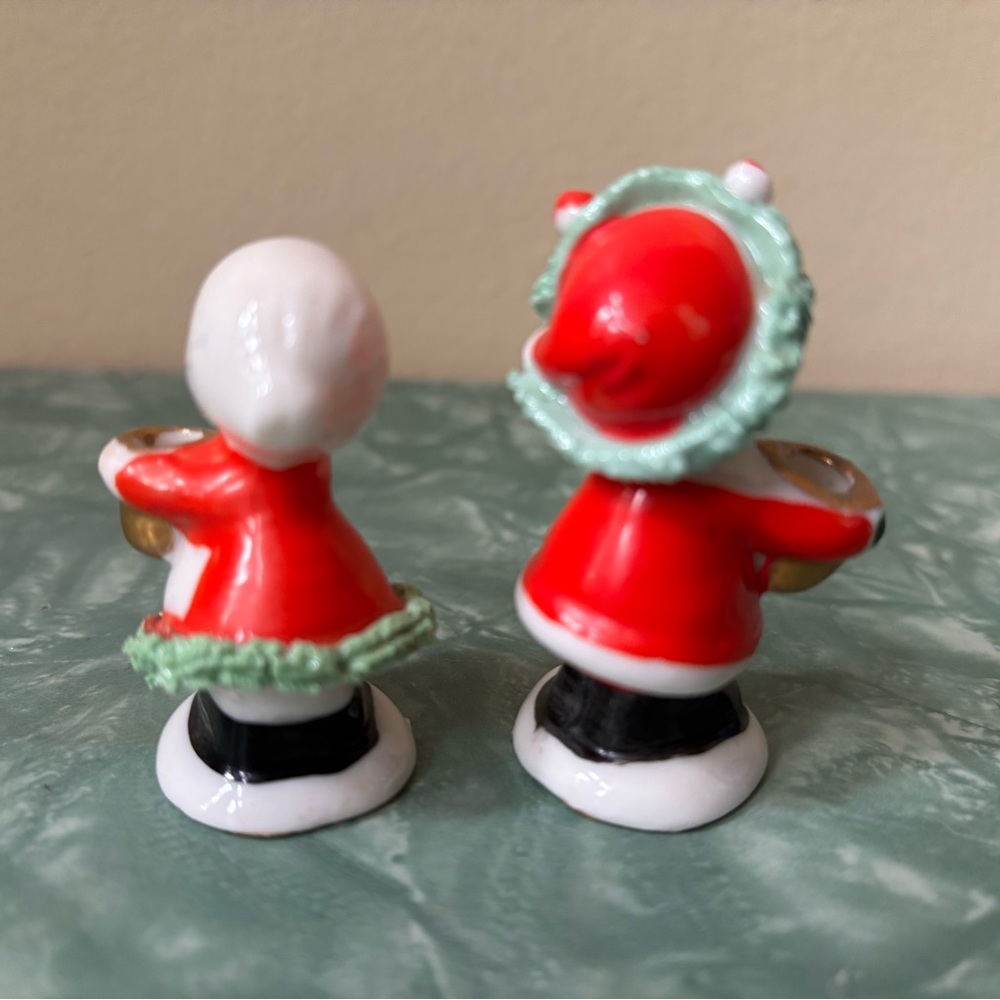 Vintage Miniature Santa and Mrs Claus Candle Holders with Spaghetti Trim - Picture 2 of 4